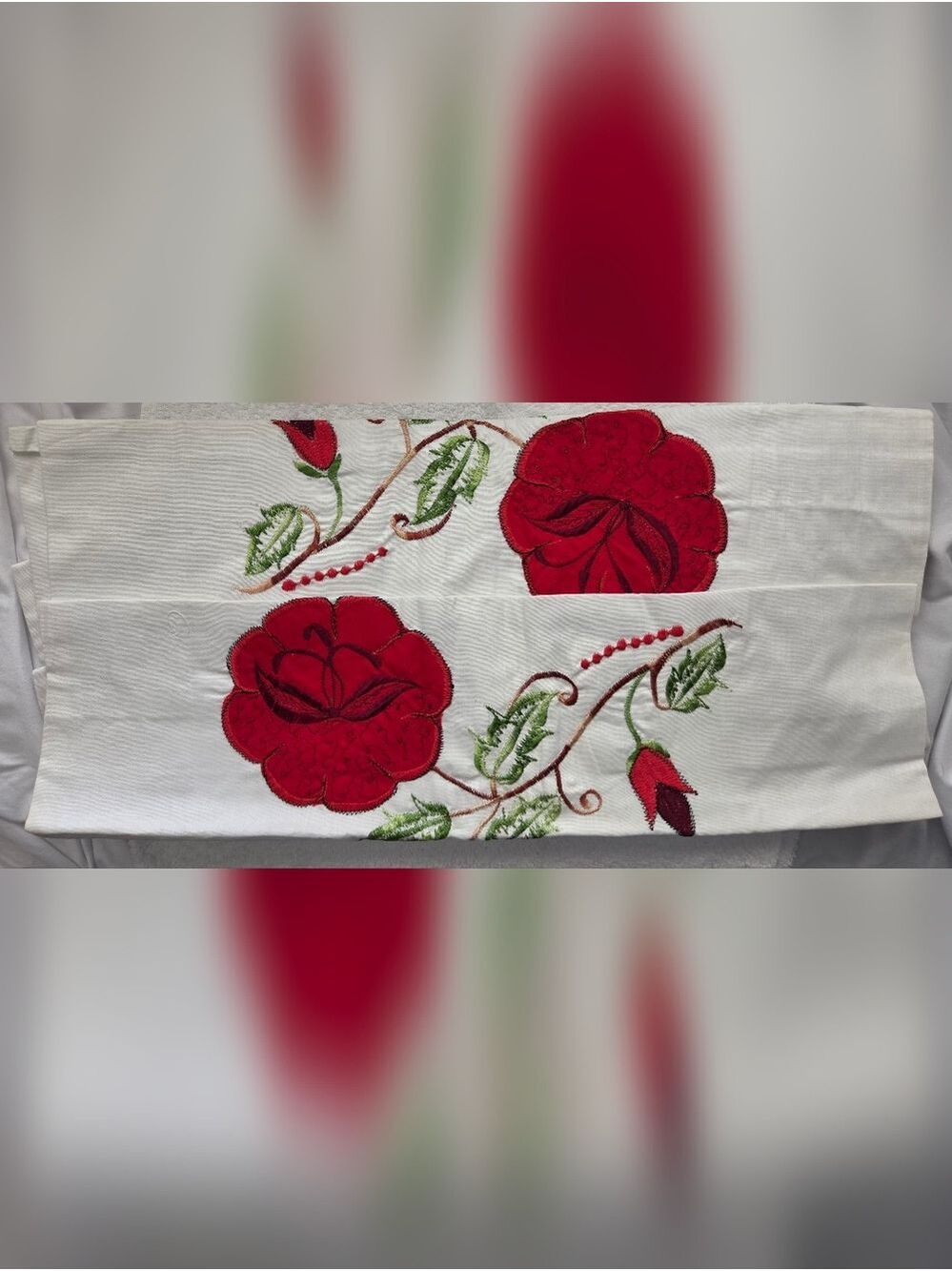 NIP VTG MEXICAN HAND EMBROIDERED STANDARD PILLOWCASES RED ROSES FLOWERS  